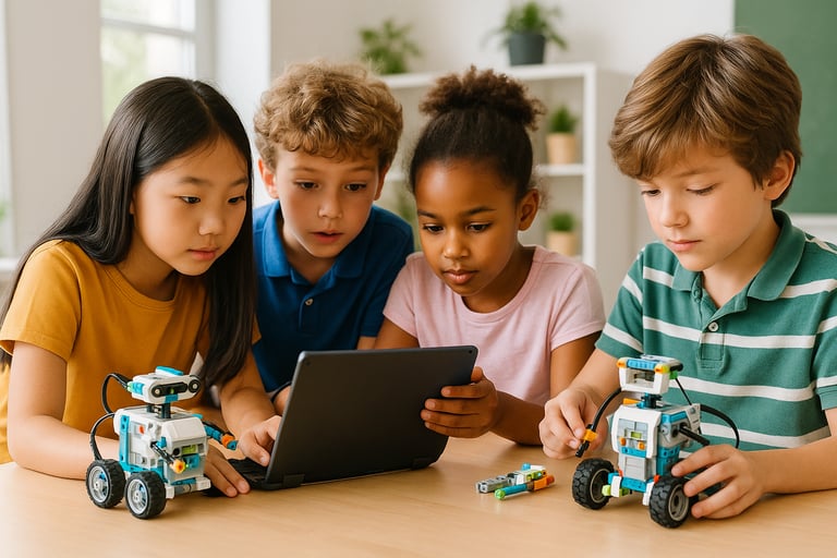 Students engaged with Robokido Tech's educational robotics platform, showing children collaboratively programming robots in a bright classroom setting