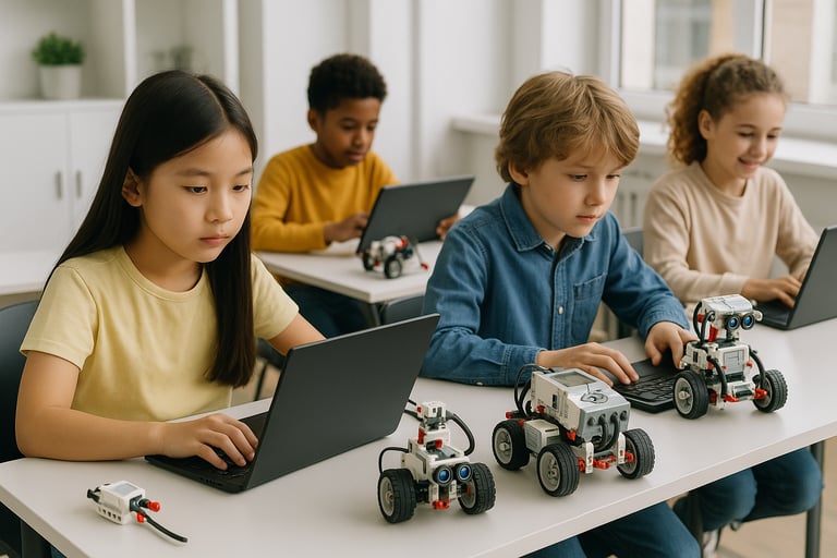 Students engaging with Robokido Tech's educational robotics platform, showing children programming robots in a clean, modern classroom environment