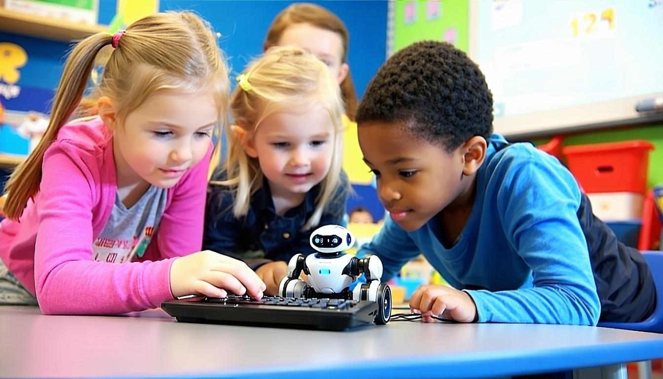 Young children engaged in coding and controlling a