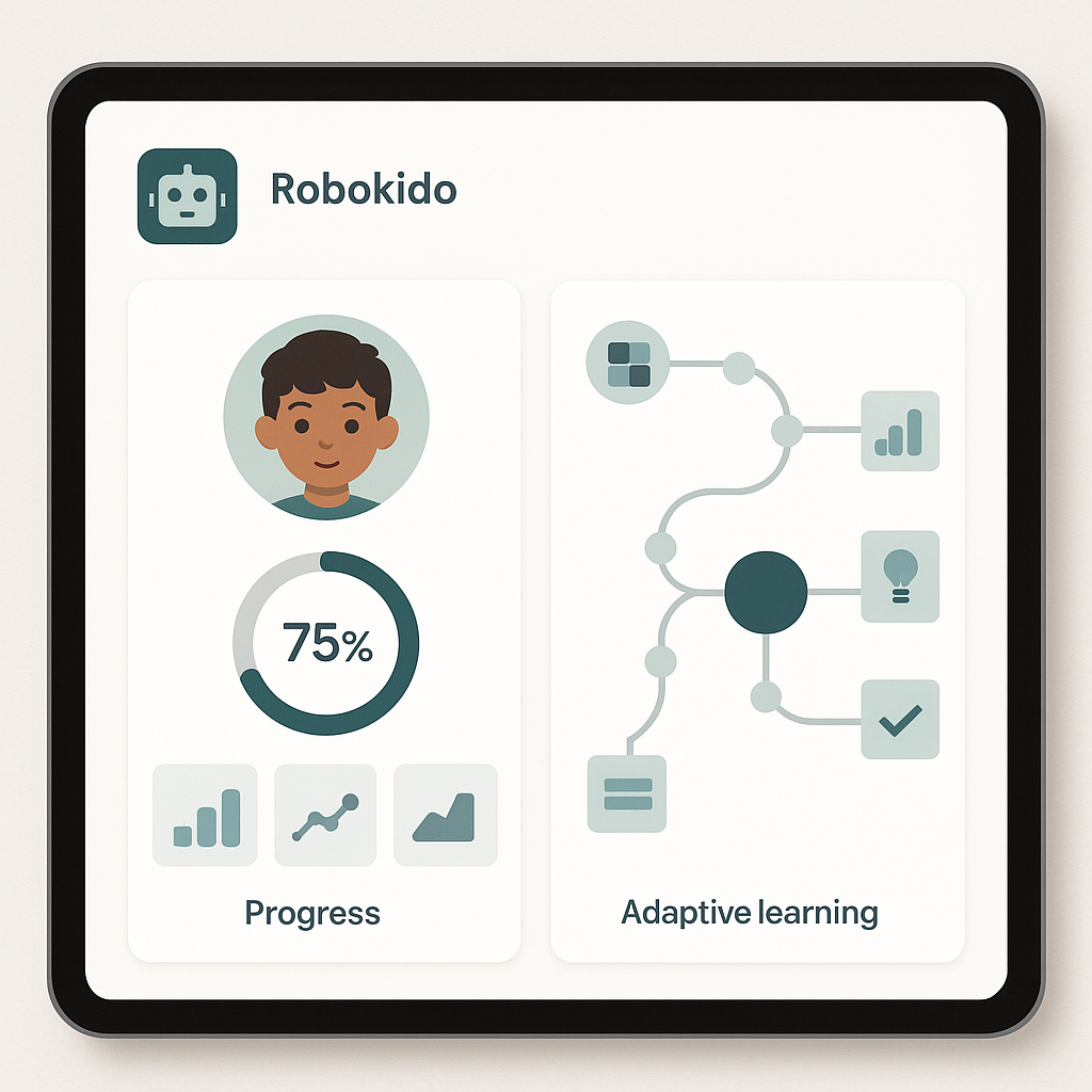 Clean, minimalist visualization of Robokido Tech's automated learning platform with intuitive interface showing a child's progress dashboard and adaptive learning path
